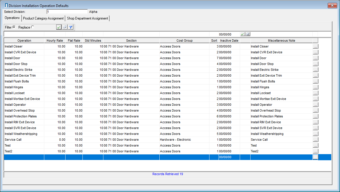 Division Installation Operations window; shows where the user can configure Installation Operations for a Division.