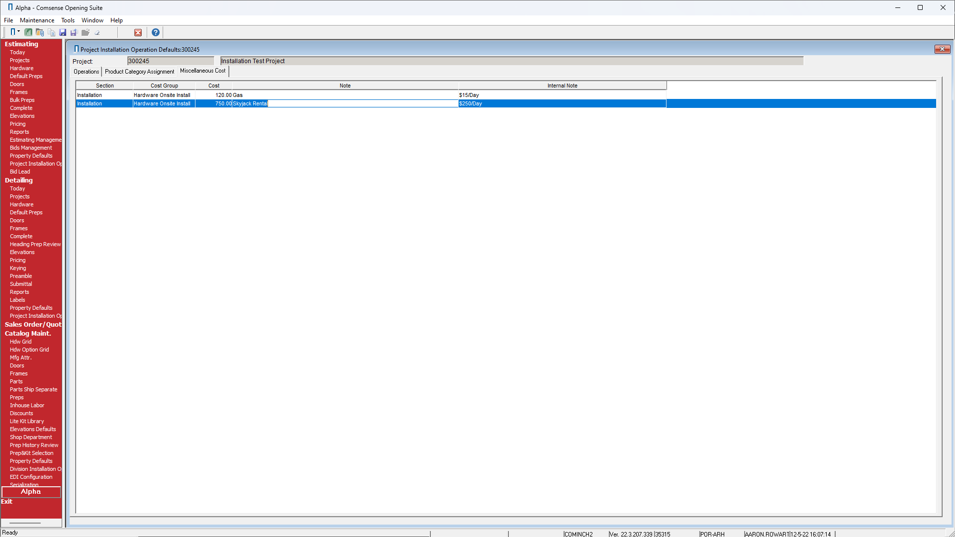 A screenshot of the Project Installation Operations window; showing the new Miscellaneous Cost UI.