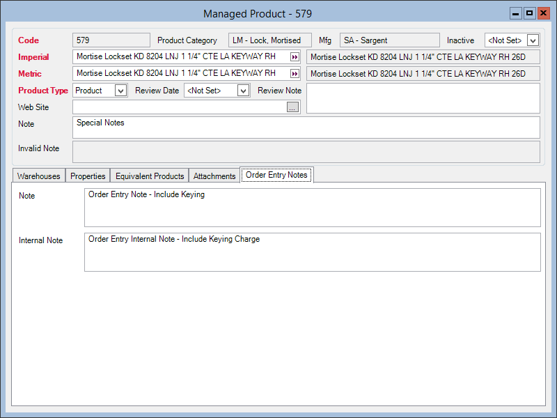 A screenshot of Managed Product window; showing the new Order Entry Notes section.