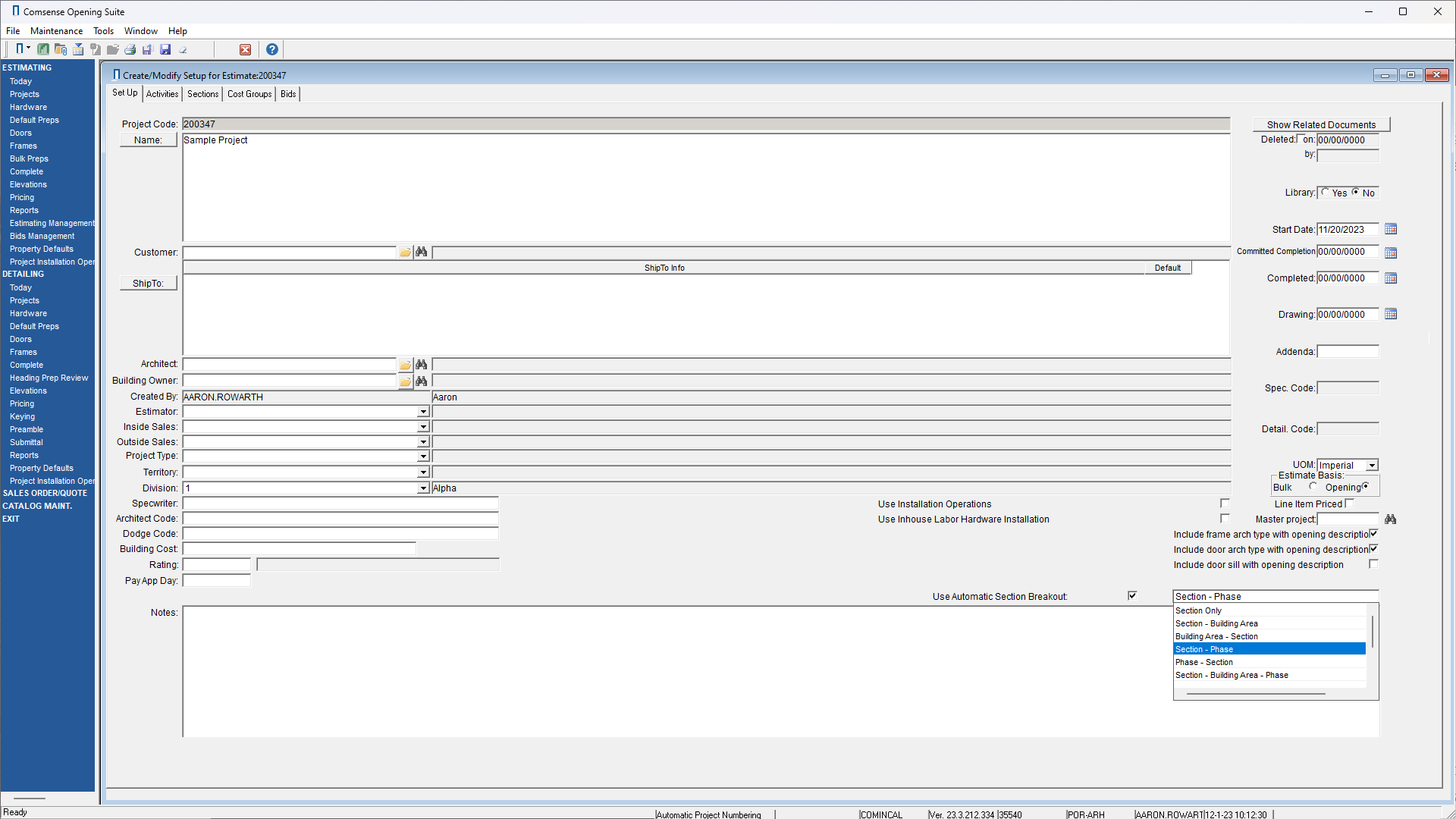 Project Setup window; Showing the new Automatic Section Breakout options.
